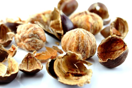 Sweet chestnuts with peels on white background.