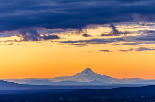 Orange sky over Mt. Hood seen during sunset from Bend, Oregon