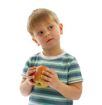 Little Boy in Striped T-Shirt with Apple isolated on white background