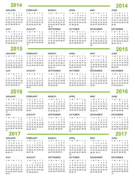 Calendar, New Year   2014, 2015, 2016, 2017 with green lines