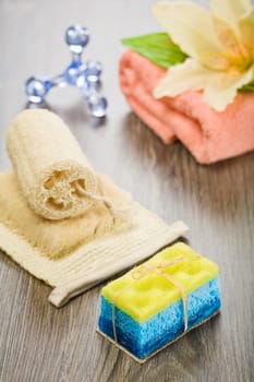 articles for taking bath on wooden background