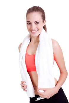 young attractive woman with towel sports outfit isolated on white background