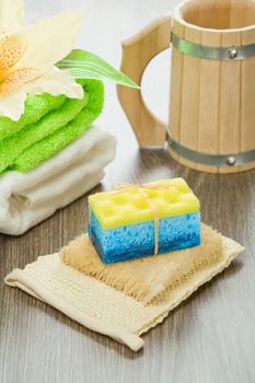 objects for bathing on wooden background