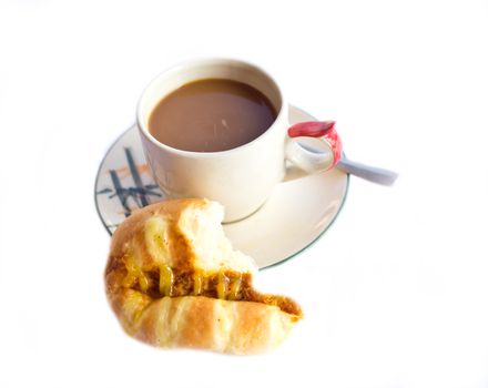 Coffee and bread breakfast isolated on white background
