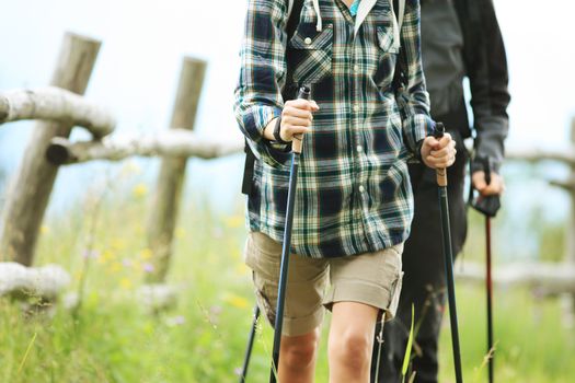 Close up of two nordic walkers outdoors