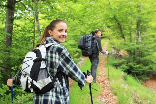 Young couple enjoying nordic walking in a forest