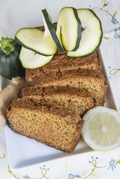 Vegetarian cake made of zucchini, ginger and lemon peel