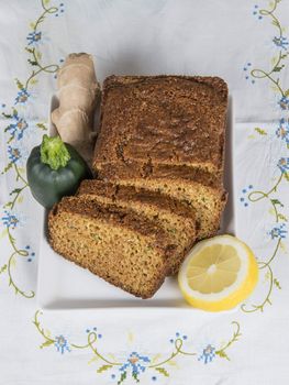 Vegetarian cake made of zucchini, ginger and lemon peel