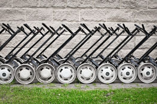 Line of stacked golf carts at a golf club