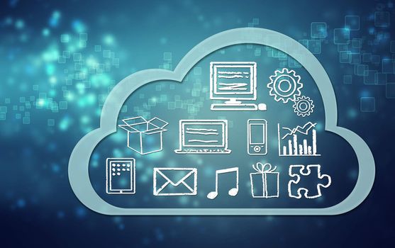 Cloud computing concept icons and symbols on blue background