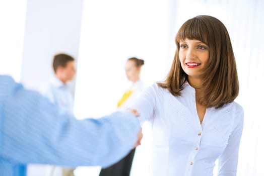 young business woman shaking hands with a client, the agreement between the partners