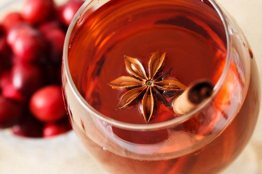 Herbal drink with star anise, a cinnamon stick and cranberries