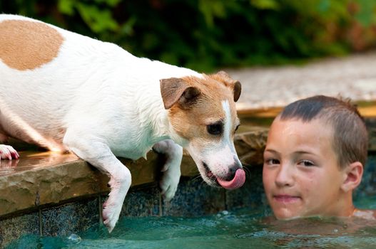 Cute boy swimming with jack russell terrier