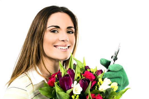 Gardening. Woman worker with flowers. Isolated over white background 