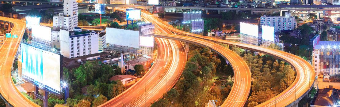 Panorama Bangkok Highway at Dusk with skyline in Thailand