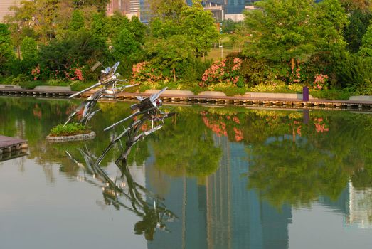 The artificial Dragonfly lake in park at Gardens by the Bay, Singapore. 