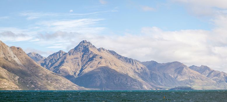 Panorama Scenic Mountain Landscape at Lake Wakatipu of Queenstown New Zealand