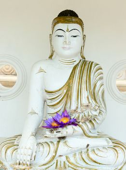 Buddha image statue with fresh flue star water lily or star lotus flowers in hands