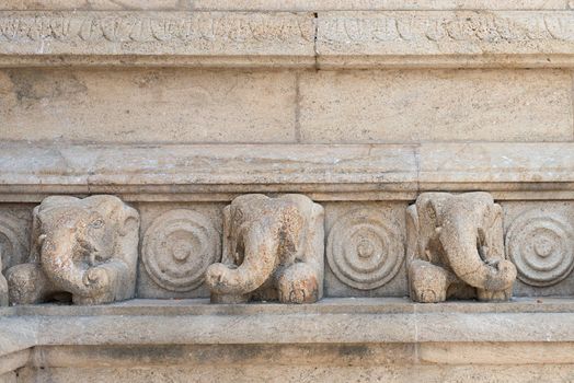 Stone elephants bas-relief, architecture detail on sacred stupa Ruwanmalisaya dagoba, Anuradhapura, Sri Lanka