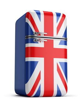 retro refrigerator with the British flag on the door. 3d image. Isolated white background.