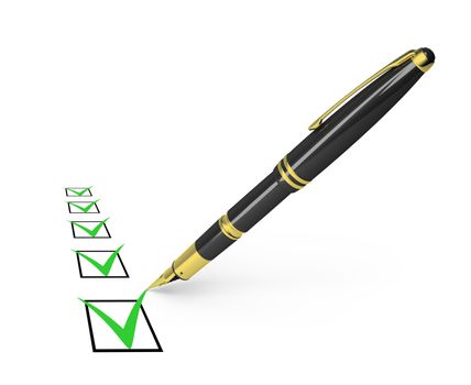 black pen draws a checkmark in the list. 3d image. Isolated white background.