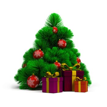 Christmas tree, balls and gifts. 3d image. Isolated white background.