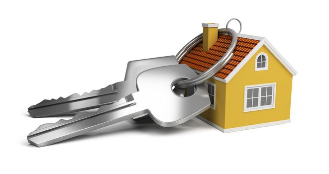 large keys next to a small house. 3d image. Isolated white background.