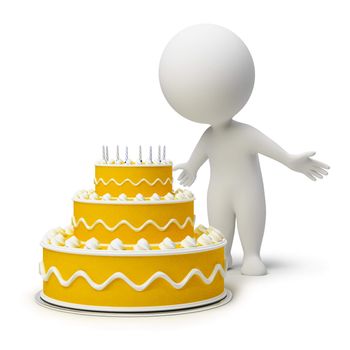 3d small people and a cake to birthday. 3d image. Isolated white background.