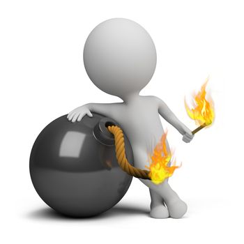 3d small person bomb igniting the wick. 3d image. Isolated white background.