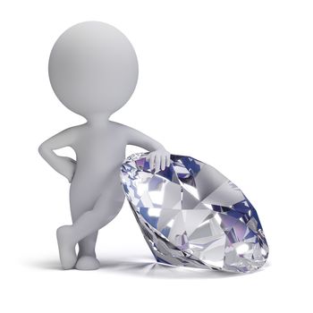 3d small person standing next to a big diamond. 3d image. Isolated white background.