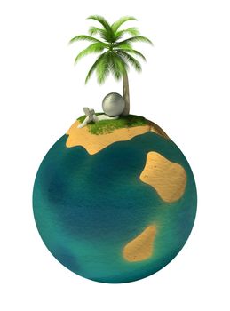 3d small person resting on a deserted island on the planet Earth. 3d image. Isolated white background.