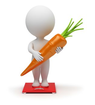 3d small people standing on scales with carrots in hands . 3d image. Isolated white background.