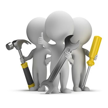 3d small people - three repairman with tools. 3d image. White background.