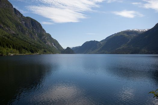 The picture shows somewhere in Norway with mountains and fjords.