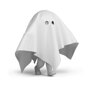 3d small person in a ghost costume. 3d image. Isolated white background.