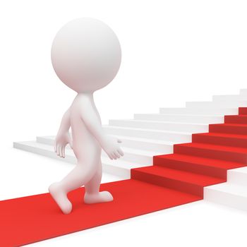 3d small people going on a red path upwards on steps. 3d image. Isolated white background.