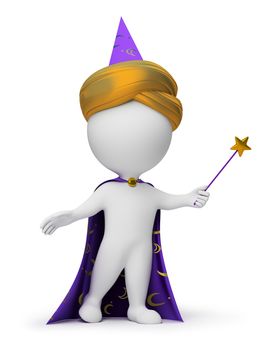 3d small people - wizard with a magic wand in a hand. 3d image. Isolated white background.