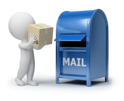 3d small person mailing a package. 3d image. Isolated white background.