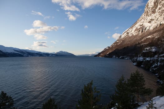 The picture shows somewhere in Norway with mountains and fjords.
