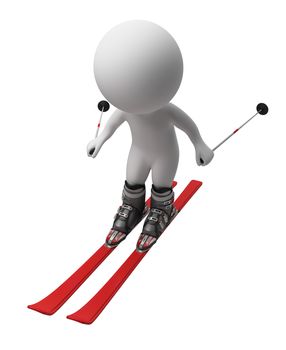 3d small person going on skis. 3d image. Isolated white background.