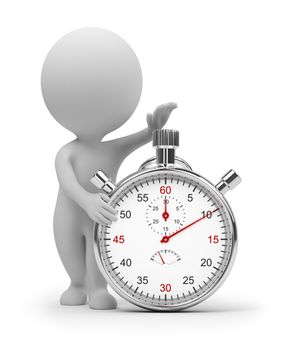 3d small people start pressing the button on a stop watch. 3d image. Isolated white background. Clipping path included.