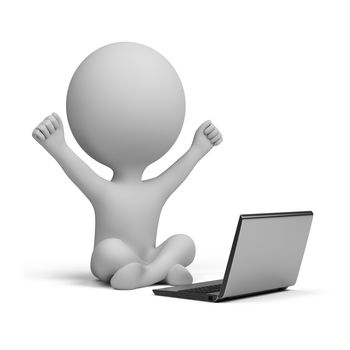 3d small person sitting next to a laptop happily raised his hands up. 3d image. Isolated white background.