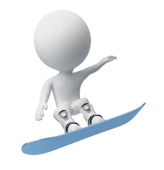 3d small person flying on a snowboard. 3d image. Isolated white background.