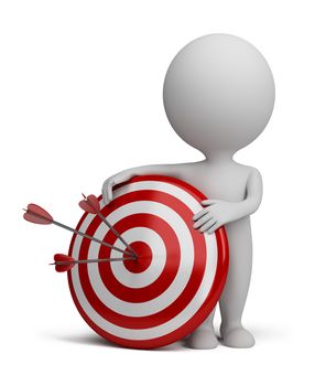 3d small person next to target with three darts stuck in the bull's eye. 3d image. Isolated white background.