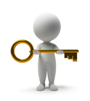 3d small people with a gold key in hands. 3d image. Isolated white background.