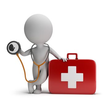 3d small person with a stethoscope and first aid kit. 3d image. White background.