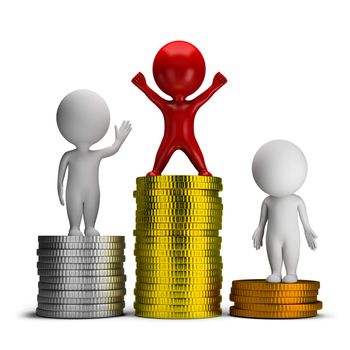 3d small people standing on a pile of coins. 3d image. Isolated white background.