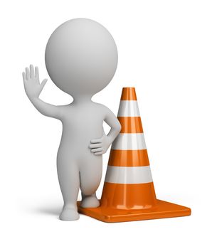 3d small person standing in the warning position next to traffic cone. 3d image. Isolated white background.