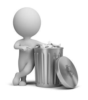 3d small person standing next to a trash can. 3d image. Isolated white background.