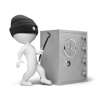 3d small people - thief in a mask with a crowbar in the hands, trying to crack the safe. 3d image. Isolated white background.